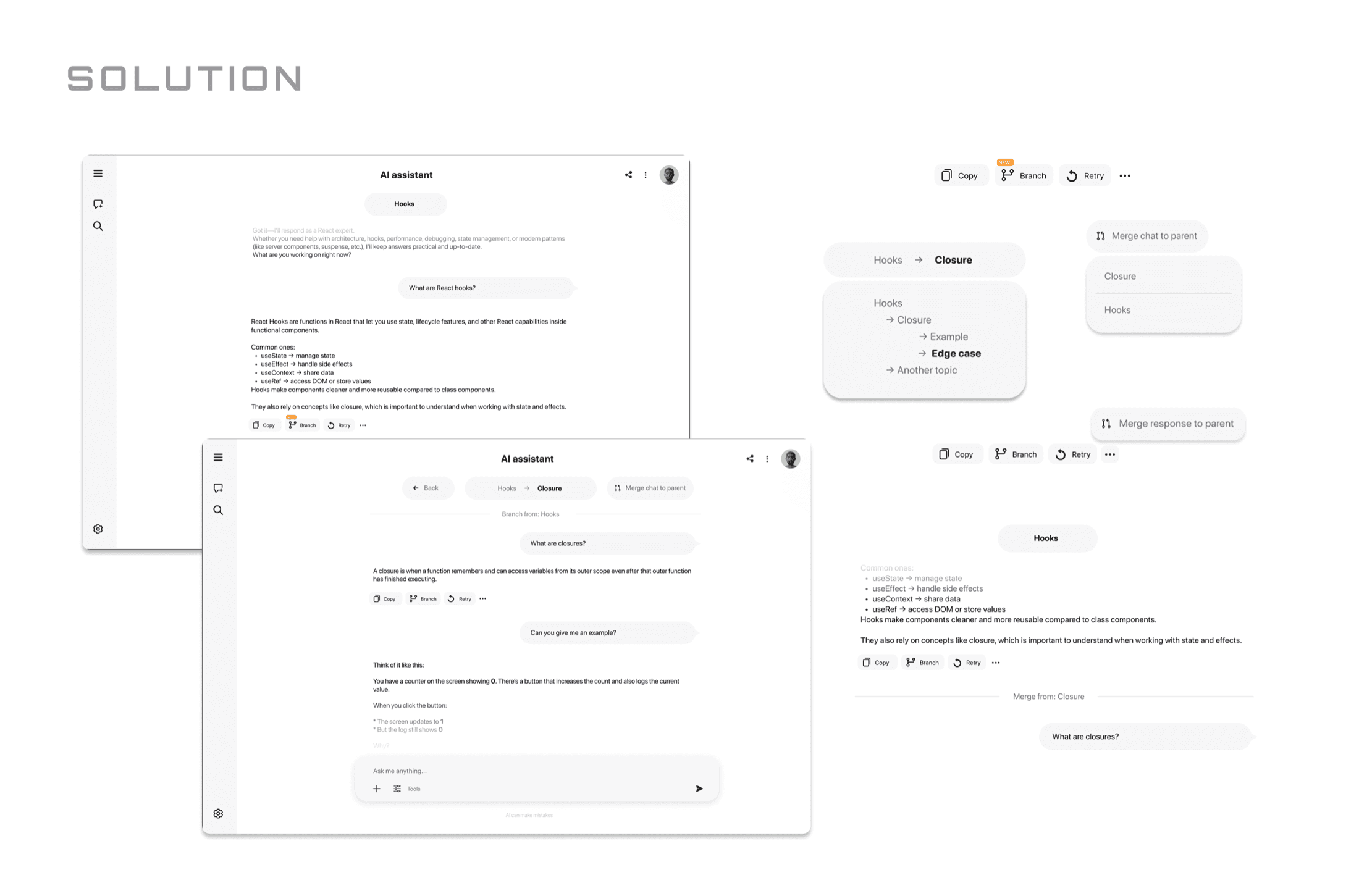 Branchscaipe solution screens — the AI assistant with a Branch action, a breadcrumb showing Hooks → Closure, a back button, and merge-to-parent controls