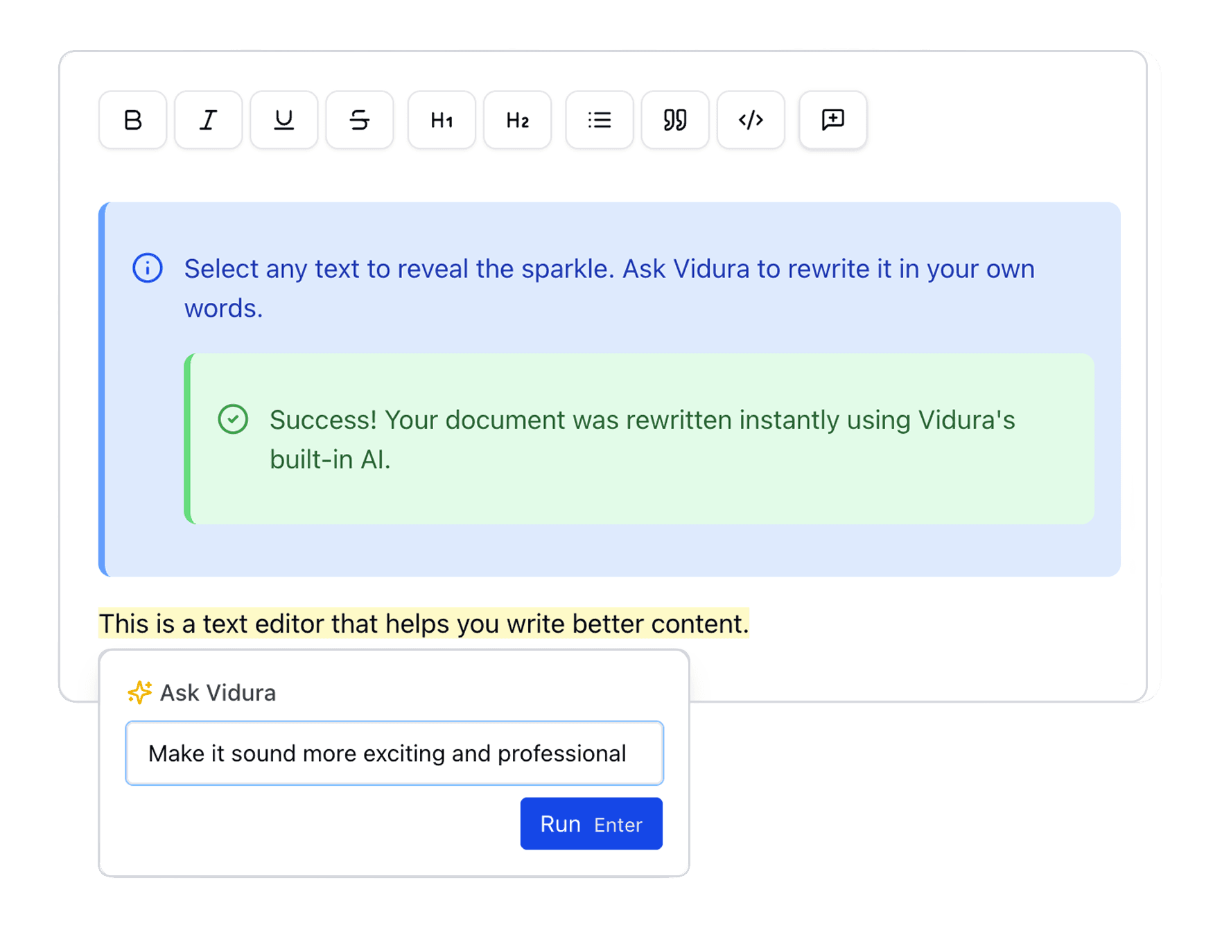 Vidura.ai product screenshot showing an AI-assisted text editor with an inline rewrite panel